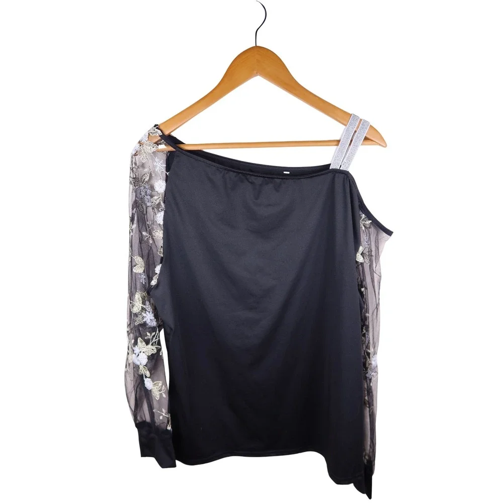 Black One Shoulder Top Floral Embroidered Mesh Long Sleeve Rhinestone Strap L